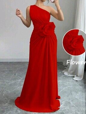 Red One-Shoulder Evening Gown with Floral Waist Detail